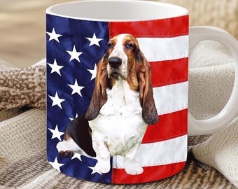 Basset Hound American Flag Mug: Ceramic 11oz & 15oz, Basset Lover Gift