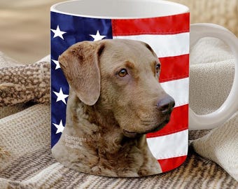Chesapeake Bay Retriever American Flag Ceramic Mug: 11oz & 15 oz, Chessie Lover Gift
