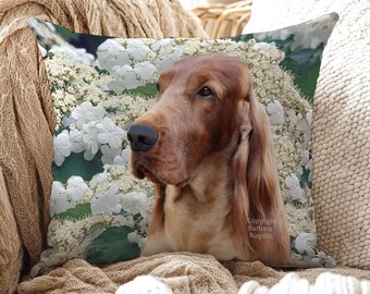 Irish Setter Hydrangea Throw Pillow: With Insert or Cover Only, Irish Setter Gift