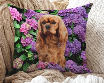 Cavalier King Charles Spaniel Throw Pillow: With Insert or Cover Only, Hydrangea Design, Cavalier Ruby Gift