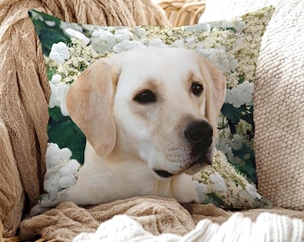 Yellow Lab Throw Pillow: With Insert or Cover Only, Hydrangea Floral Design, Labrador Gift