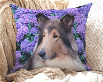 Collie Hydrangea Throw Pillow: With Insert or Cover Only, Collie Gift