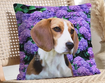 Beagle Throw Pillow: With Insert or Cover Only, Hydrangea Floral Design, Beagle Gift