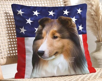 Sheltie American Flag Throw Pillow: With Insert or Cover Only, Sheltie Gift