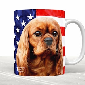 Cavalier King Charles Spaniel Mug: Ruby Cav American Flag Design, Ceramic 11oz & 15oz