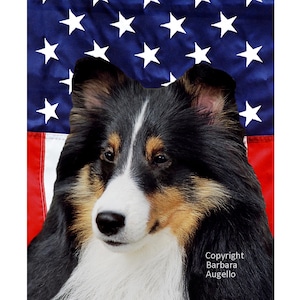 Sheltie Tricolor American Flag: Shetland Sheepdog Lover Gift, Garden Art 12x18 & 28x40