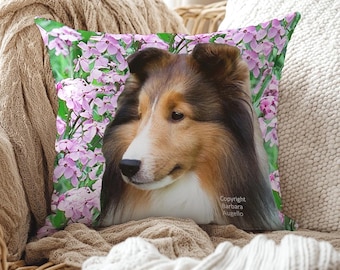 Sheltie Throw Pillow: With Insert or Cover Only, Floral Dog Design, Sheltie Gift