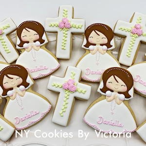 Custom &quot; Short Hair&quot; First Communion Girl Cookie AND Rosette Cross Cookies, Holy Communion Favors, Confirmation Gift, Holy Rosary