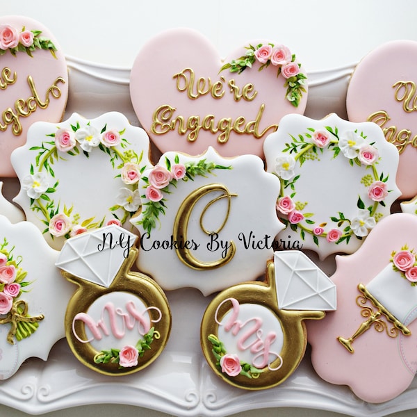 Engagement Cookies , Bridal Shower Cookies, Wedding Favors - Monogram Cookie, Engagement Ring Cookie, Bouquet Cookie, Wedding Cake Cookie,
