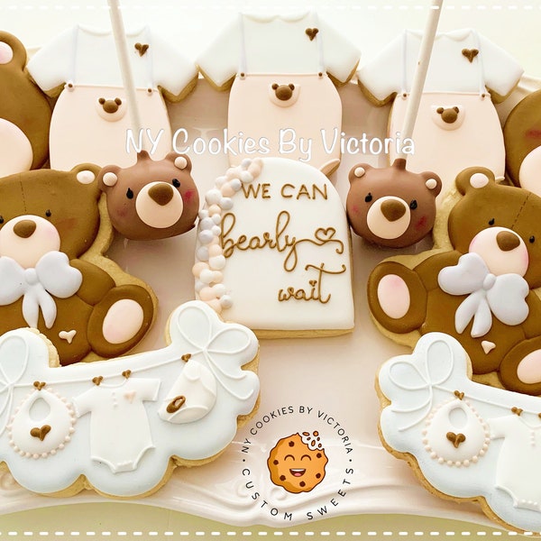 Teddy Bear Theme Baby Shower - Teddy Bear Cookie, Onesie Cookie, Baby's Clothesline Cookie, Saying Cookie, Cakepops - Stand Up Cookies