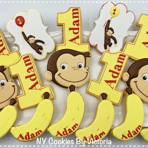 Custom Curious George Cookies, Birthday Cookie , Birthday Party Custom Cookies, Birthday Party Curious George themed,  Birthday Balloon