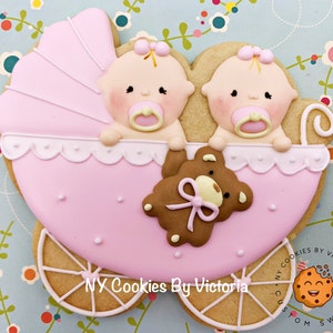 Twin Baby Shower Cookies, - Baby Girls or Baby Boys in a Carriage Cookies;  -  Twin Baby Shower Favors - Baby Shower Favors for Twins