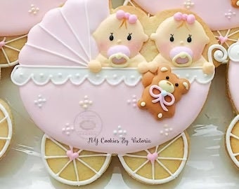 Twin Baby Shower Cookies, - Baby Girls or Baby Boys in a Carriage Cookies;  -  Twin Baby Shower Favors - Baby Shower Favors for Twins