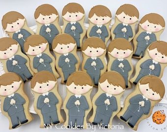 Custom First Communion Boy Cookie Favor, Confirmation Gift , Confirmation Boy Cookie Gift - Individually wrapped - Pick Hair & Suit Color