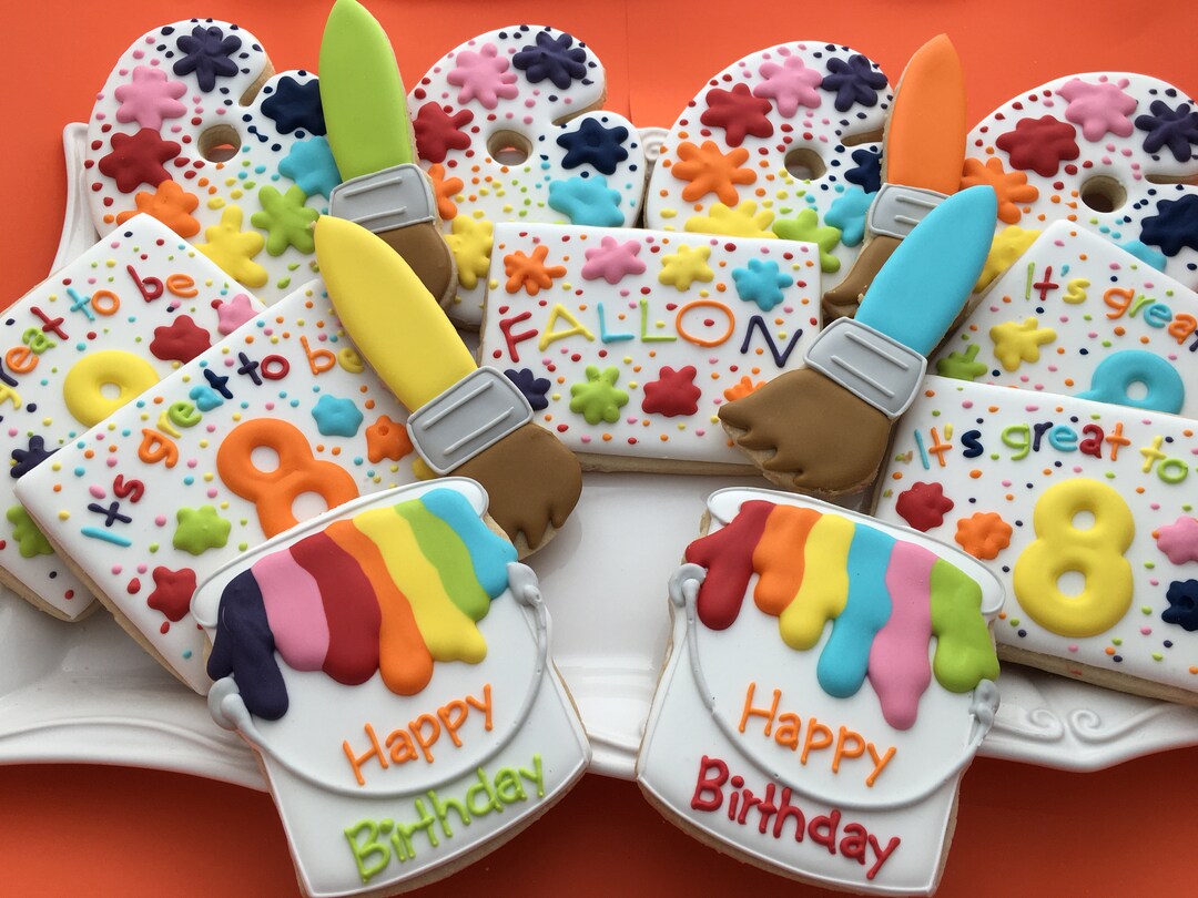 Art Paint Birthday Party Theme Cookies Birthday Party Favors Paint Bucket, Name Cookie, Age