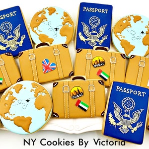 Biscuits à thème de voyage - biscuits vintage de valise, biscuits de passeport et de carte du monde, voyage à thème d'anniversaire, fête à thème de voyage de baby shower -