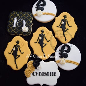 The Great Gatsby Theme Cookies;  Gatsby Girl Cookie, Name Cookie, Age Cookie, Feather Cookie. - Sweet Sixteen Cookies Favor;