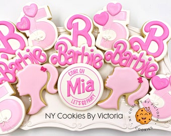 Custom Barbie Theme Party Cookie Favors -Come On " HER NAME HERE"-  Let's Go Party - Birthday Girl - Candy Table - " Age " Number Cookie