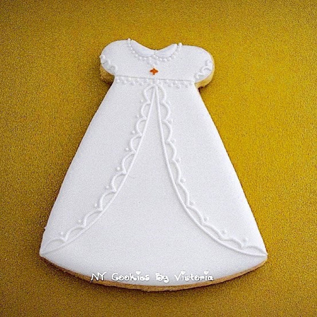 First Communion Dress Cookie, Baptism Girl Dress With Gold/silver Cross