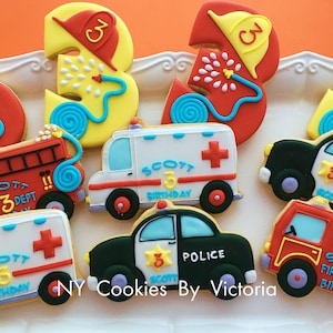 Fire Truck Theme Birthday Cookies, Fire Truck Cookies , Birthday Number Cookies; Birthday Boy Cookies. Birthday Themed Favors - Wrapped
