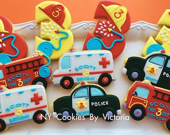 Fire Truck Theme Birthday Cookies, Fire Truck Cookies , Birthday Number Cookies; Birthday Boy Cookies. Birthday Themed Favors - Wrapped