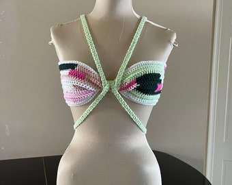 Abstract crochet top pink green