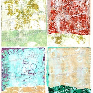 Puede incluir: Cuatro impresiones de arte abstracto con fondos texturizados. Las impresiones presentan una variedad de colores, incluyendo verde, rojo, azul y beige, con patrones en capas y bordes de papel rasgados. El texto "Paper Patio Connection" es visible.