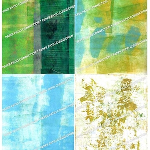 Puede incluir: Cuatro impresiones de arte abstracto con fondos texturizados. Las impresiones presentan tonos verdes, azules y dorados con el texto "PAPER PATIO CONNECTION" repetido. La obra de arte tiene un estilo moderno y artístico.