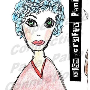 May include: A whimsical illustration of a woman with blue scribbled hair and green eyes. She wears a pink top with a red trim. The text "Miss Crafty Pants" is on a black vertical rectangle.