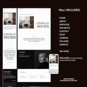 May include: A dark brown graphic featuring website mockups and the text "ESPACIO WEISS". The design includes a phone displaying a website, and a list of included features such as "Home", "About", and "Services".