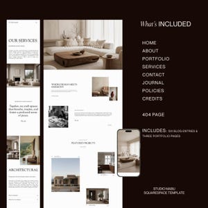 May include: A website design layout in a neutral colour scheme. The design includes sections for services, portfolio, and contact information. The text "What's Included" and "Studio Mabu Squarespace Template" are visible.