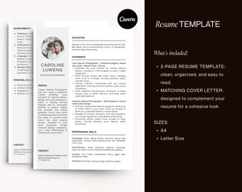 Photographer Resume Template, Cover Letter, Canva Editable