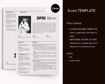 Resume template, editorial cover letter, canva resume, bold minimalist cv, photographer bio, curriculum vitae