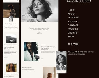 Wellbeing Squarespace website template: wellness coach, therapist, yoga, and health professionals. Shop, blog