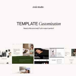 Peut inclure: Publicité pour la personnalisation de modèles de sites web. L'image présente le texte "TEMPLATE Customization" et "Need a little extra help? Let's make it perfect !" ainsi que des exemples de conception de sites web et le logo "zimila studio".