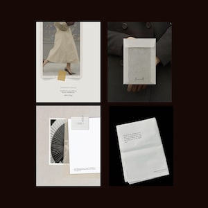May include: A collection of four images showcasing stationery and design. One image features a person walking, another a paper envelope, a third with a paper fan, and the last with folded paper and text. The images have a neutral colour palette.