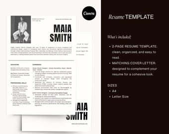 Minimalist Resume Template, CV Cover Letter, Canva (Digital Download)