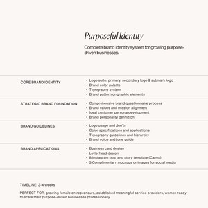 THIS SERVICE INCLUDES
✓ Custom logo suite: primary, secondary logo and submark
✓ Professional color palette
✓ Typography system
✓ Unique brand patterns/graphic elements
✓ Brand guide PDF with usage guidelines
✓ Business card design
✓ Letterhead design
✓ 8 Instagram post and story templates (canva)
✓ 5 Complimentary mockups or images for social media
