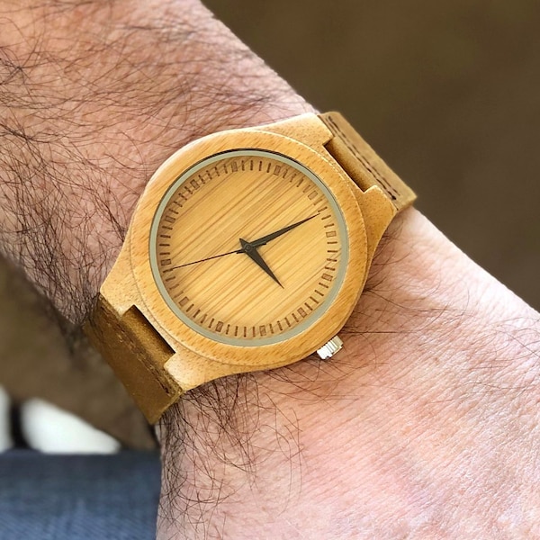 Wood Watch with Leather Band Personalized, Custom Groomsmen Gift, Accessories for Men, Fathers Day, Best Man, Christmas, Husband, Dad  (MW1)