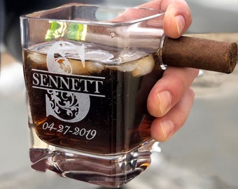 Personalized Cigar Holder Whiskey Glass, Groomsmen, Engraved Gifts for Him, Bar Ware, Anniversary, Retirement, Grandfather, Wedding Custom