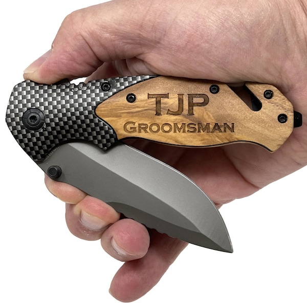 Personalized Survival Pocket Knife with Wood Handle, Gifts for Groomsmen, Gifts for Men, Monogrammed Knife, Hunting Knives, Engraved, Dad