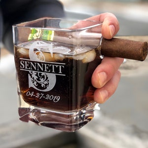 Personalized Cigar Holder Whiskey Glass, Groomsmen, Engraved Gifts for Him, Bar Ware, Anniversary, Retirement, Grandfather, Wedding Custom