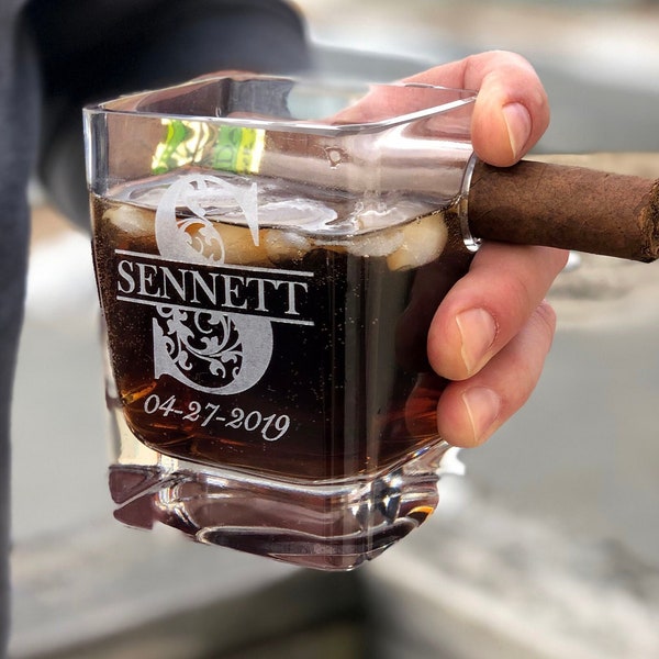 Personalized Cigar Holder Whiskey Glass, Groomsmen, Etched Gifts for Him, Barware, Anniversary, Retirement, Grandfather, Valentines Day