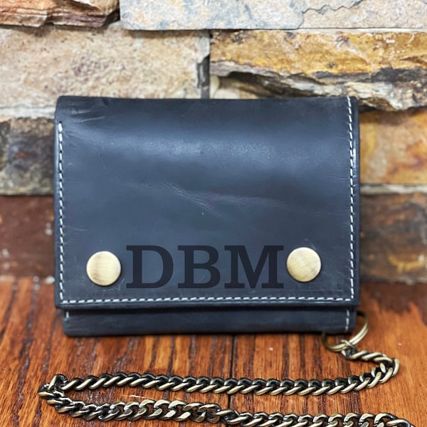 Personalized Leather Wallet with Chain, Gifts for Men, Fathers Day, Monogrammed, Engraved, Mans Wallet, Boys, Christmas, New Job, Birthday
