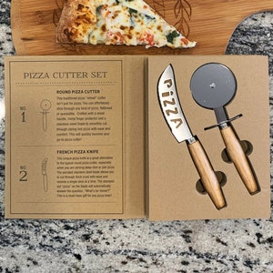 Juego de cortador de pizza personalizado, cuchillo de pizza, calentamiento de la casa, regalo para estudiantes universitarios, día de las madres, día del padre, apartamento nuevo, cumpleaños único