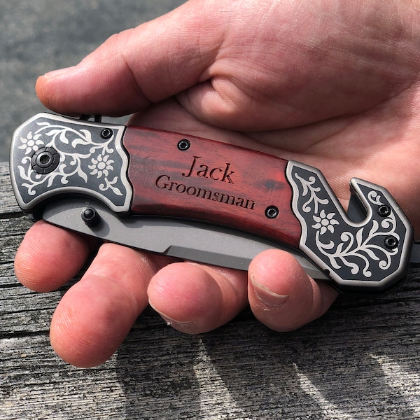 Personalized Pocket Knife with Wood Handle, Groomsman Gift, Gifts for Men, Camping and Hunting, Best Man, Groom