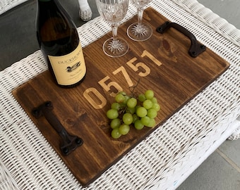 Personalized Rustic Wood Serving Tray, Wedding, House Warming, Engraved Wooden Anniversary Gift, Kitchen Decor, Family, Mothers Day Zip Code