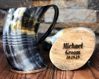 Stunning Horn Mug Personalized, Buffalo Beer Tankard, Engraved Gifts for Men With Your Logo, Groomsman, Friends, NFL, College, Gothic Viking