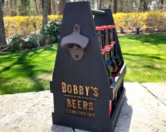 Personalized Wood Beer Caddy, Engraved Six Pack Tote, Monogrammed Gifts for Him or Her, Custom Groomsmen Bottle Opener, Unique Groomsman