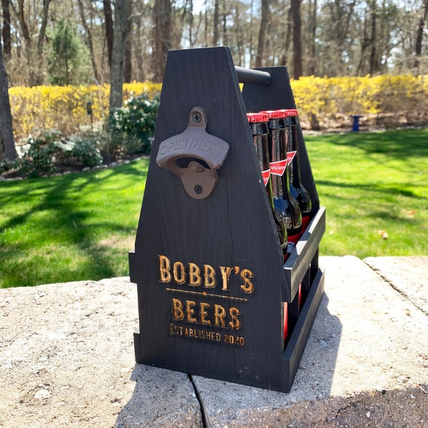 Personalized Wood Beer Caddy, Engraved Six Pack Tote, Monogrammed Gifts for Him or Her, Custom Groomsmen Bottle Opener, Unique Groomsman